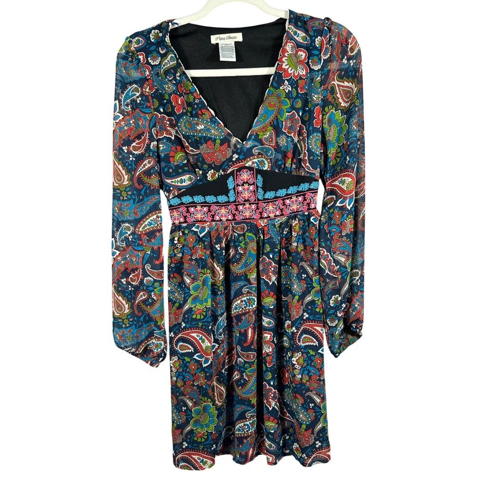 Flying Tomato Bohemian Paisley Dress Size Small Long Sleeve V-Neck - Picture 6 of 12